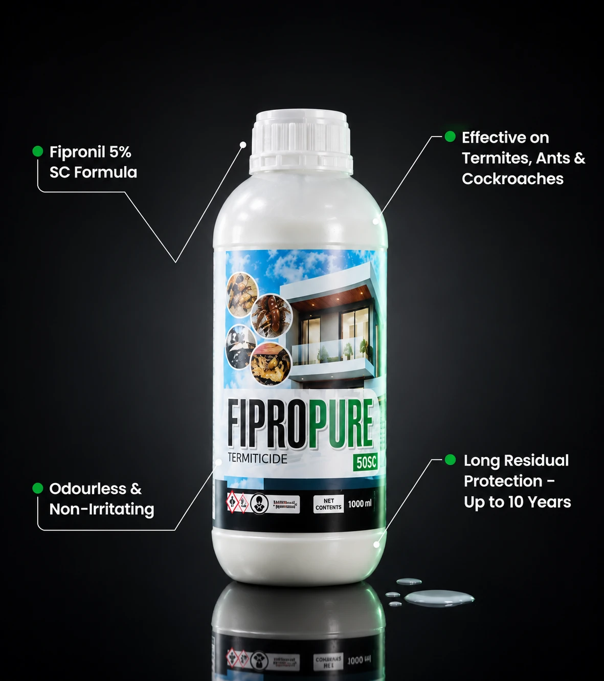 Fipro Pure 50SC — Fipronil 5% SC formula, effective on termites ants and cockroaches, low-odour, long residual protection up to 10 years